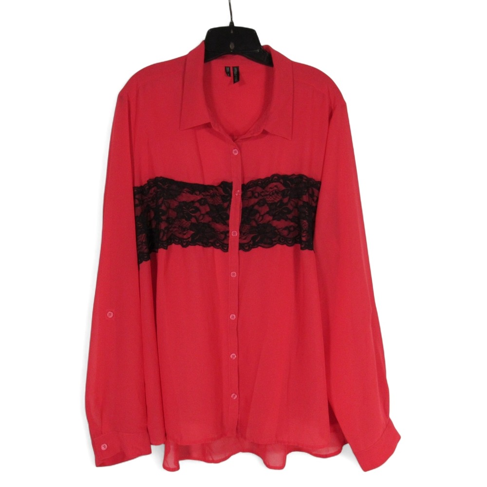 MAURICES Semi Sheer CREPE CHIFFON Button-Up BLACK FLORAL LACE Shirt/Top Sz 3/3X